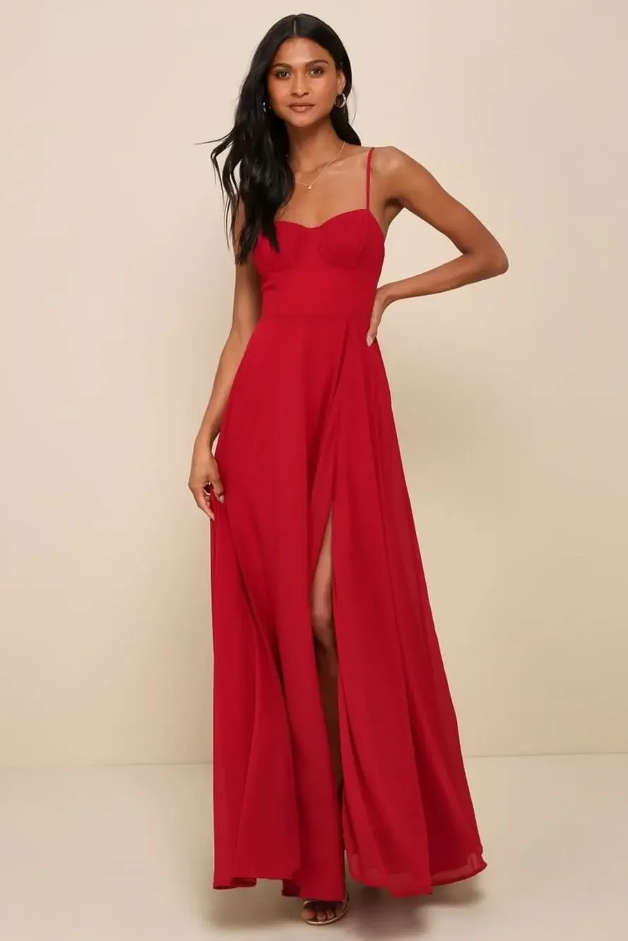 NWT Lulus Cause for Commotion Red Pleated Bustier Maxi Dress Gala Banquet Size S